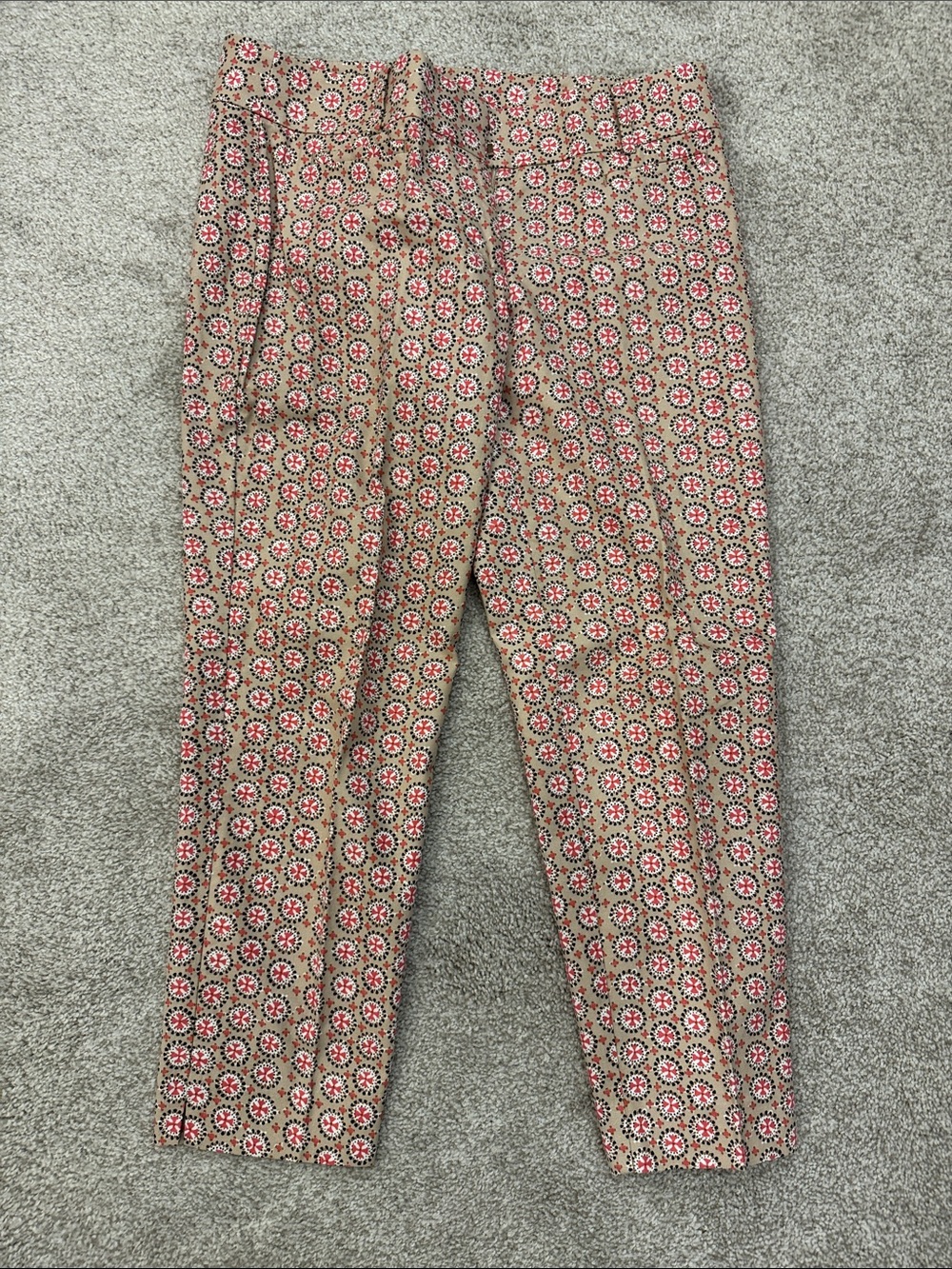 LOFT Tan Cropped Pants with Coral Floral Geometric Print
